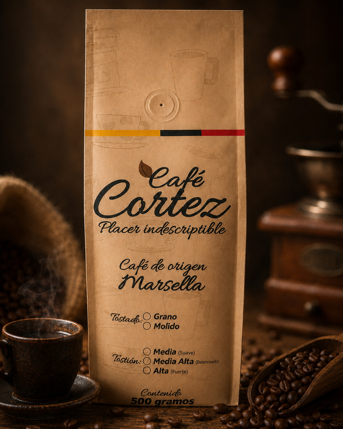 Bolsa de Café Cortez, café especial colombiano de origen Marsella, presentación de 500 gramos
